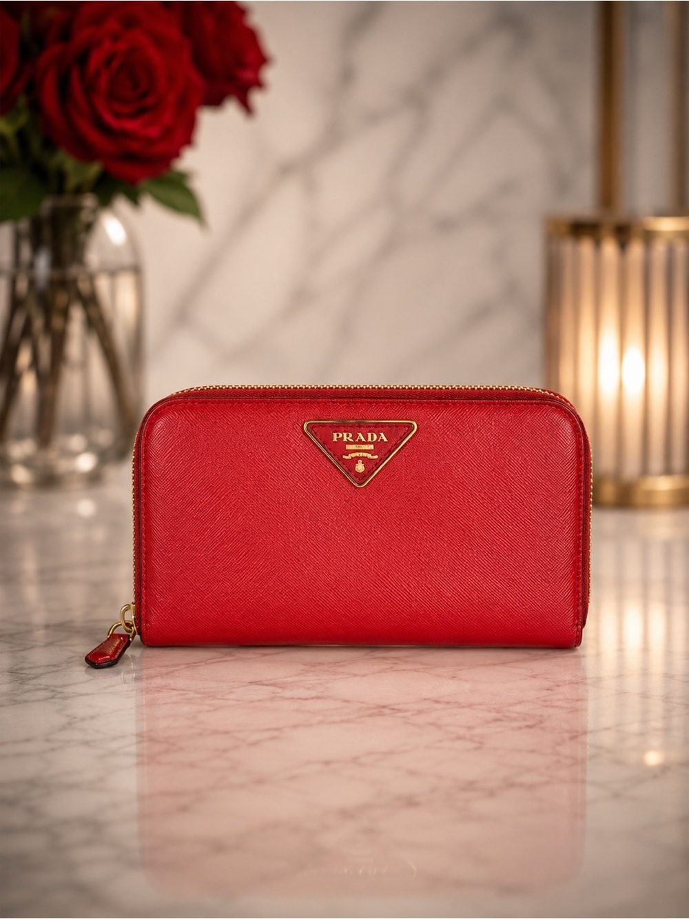 Prada Red Saffiano Leather Zip Around Wallet | Gold Logo | Full Set